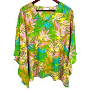 Belle by Kim Gravel Sz Medium Tropical Beach Kimono Style Green Blouse Shirt Top
